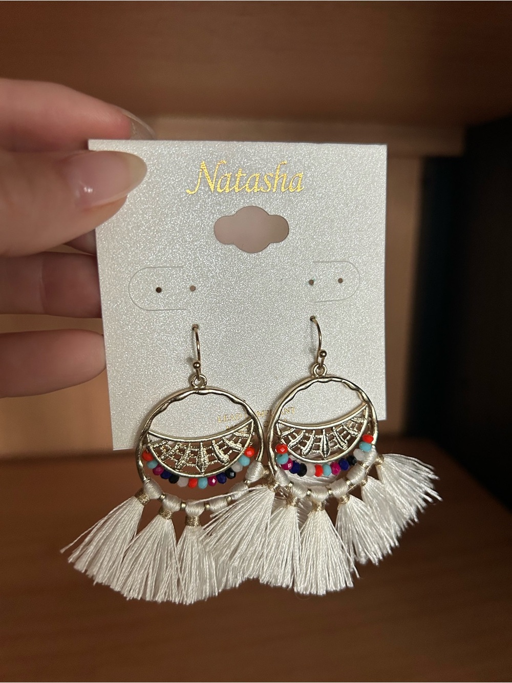 White Tassel Hoop Earrings with Multicolor Beads